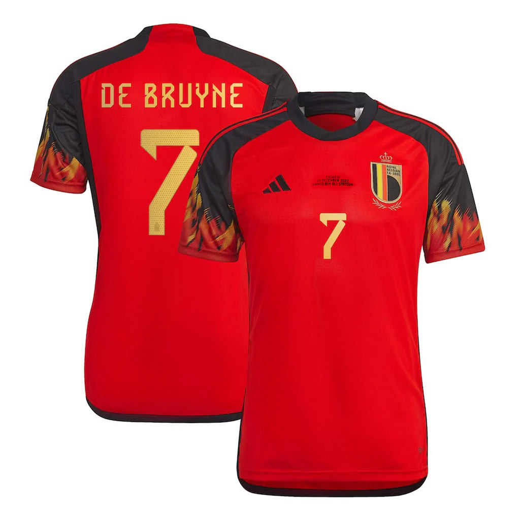 Belgium Adult 2022 Home Jersey w/ Match Details + De Bruyne Nameset