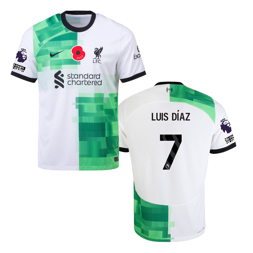 Liverpool FC Adult 2023-24 Stadium Away Jersey w/ Luis Diaz Nameset + EPL & Poppy Badges
