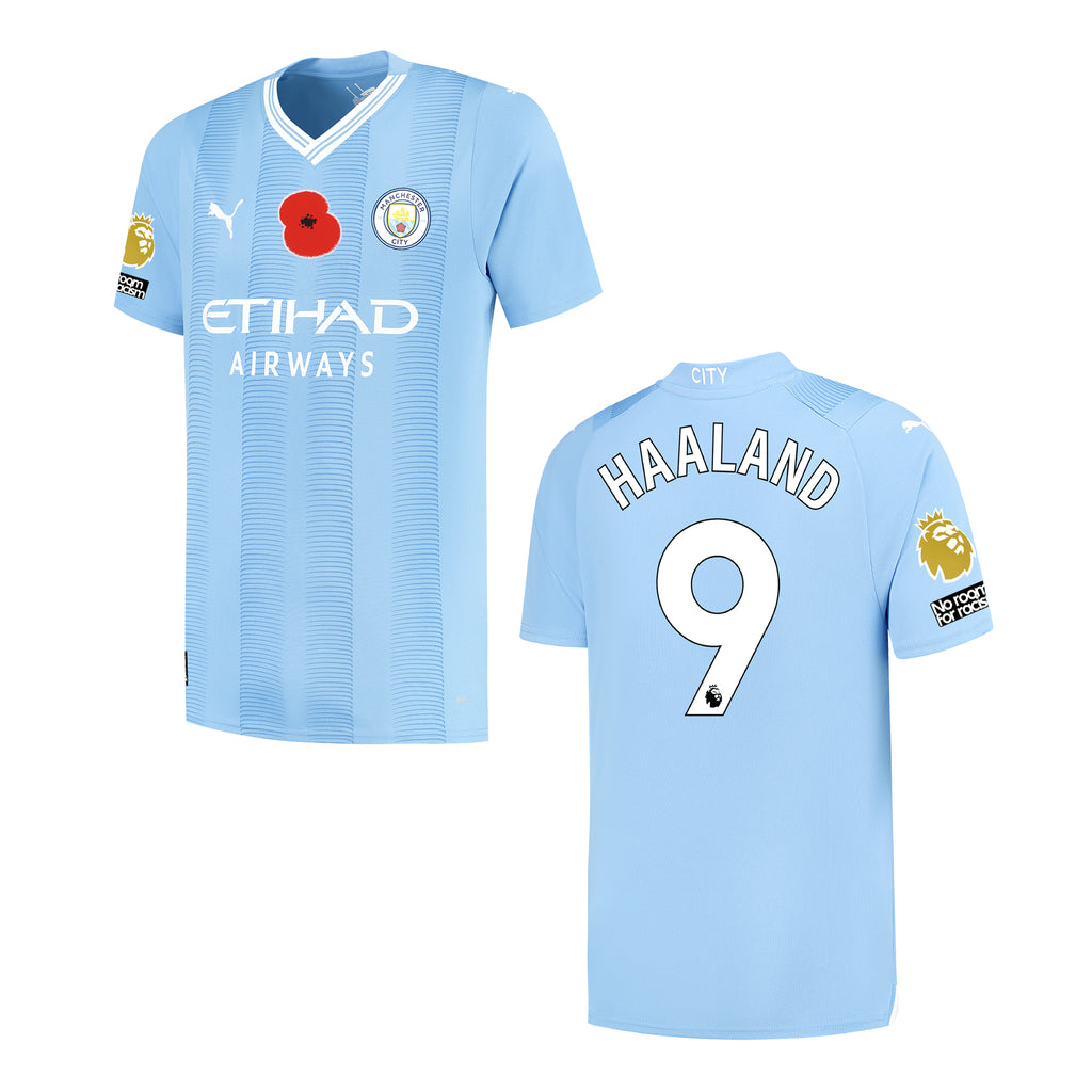 Manchester City Adult 2023-24 Home Jersey w/ Haaland Nameset + EPL & Poppy Badges