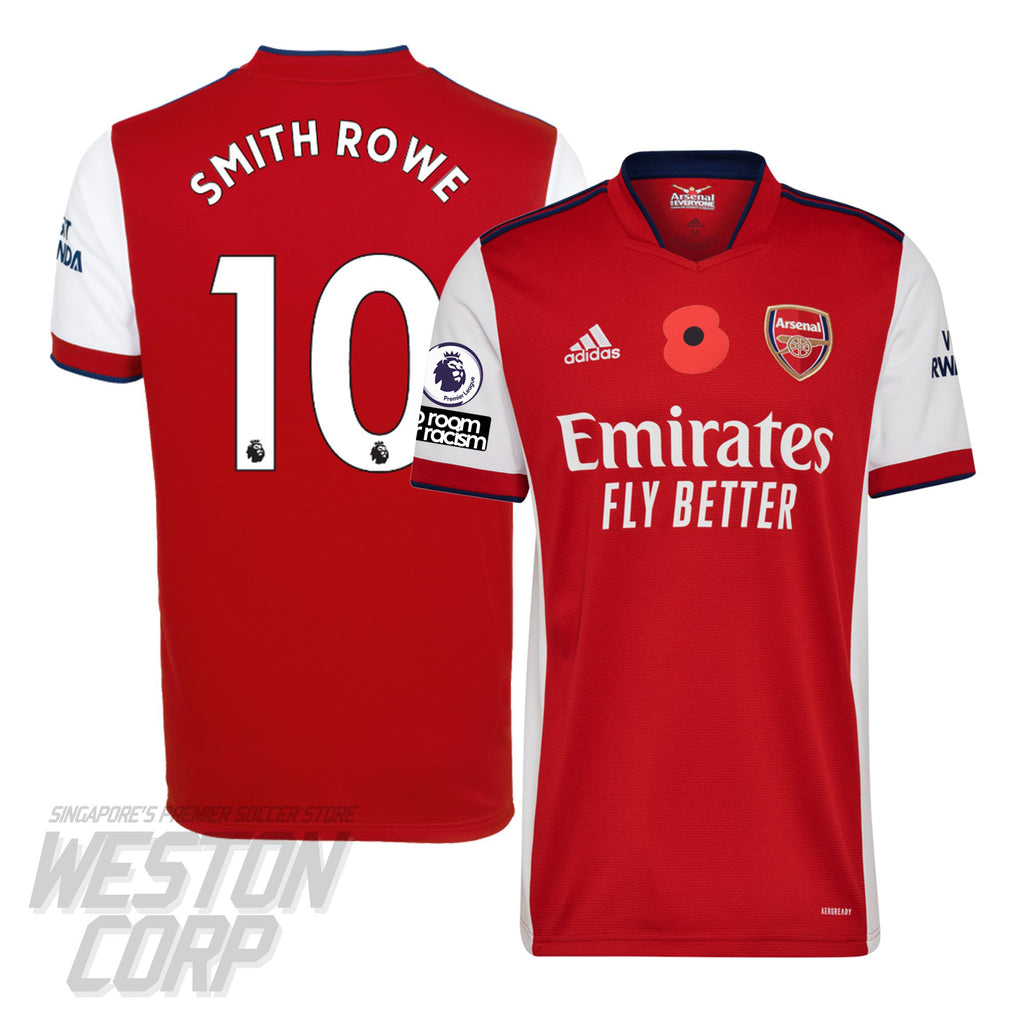 Arsenal Adult 2021-22 SS Home Shirt w/ Poppy + Smith Rowe EPL Fonts + Badges