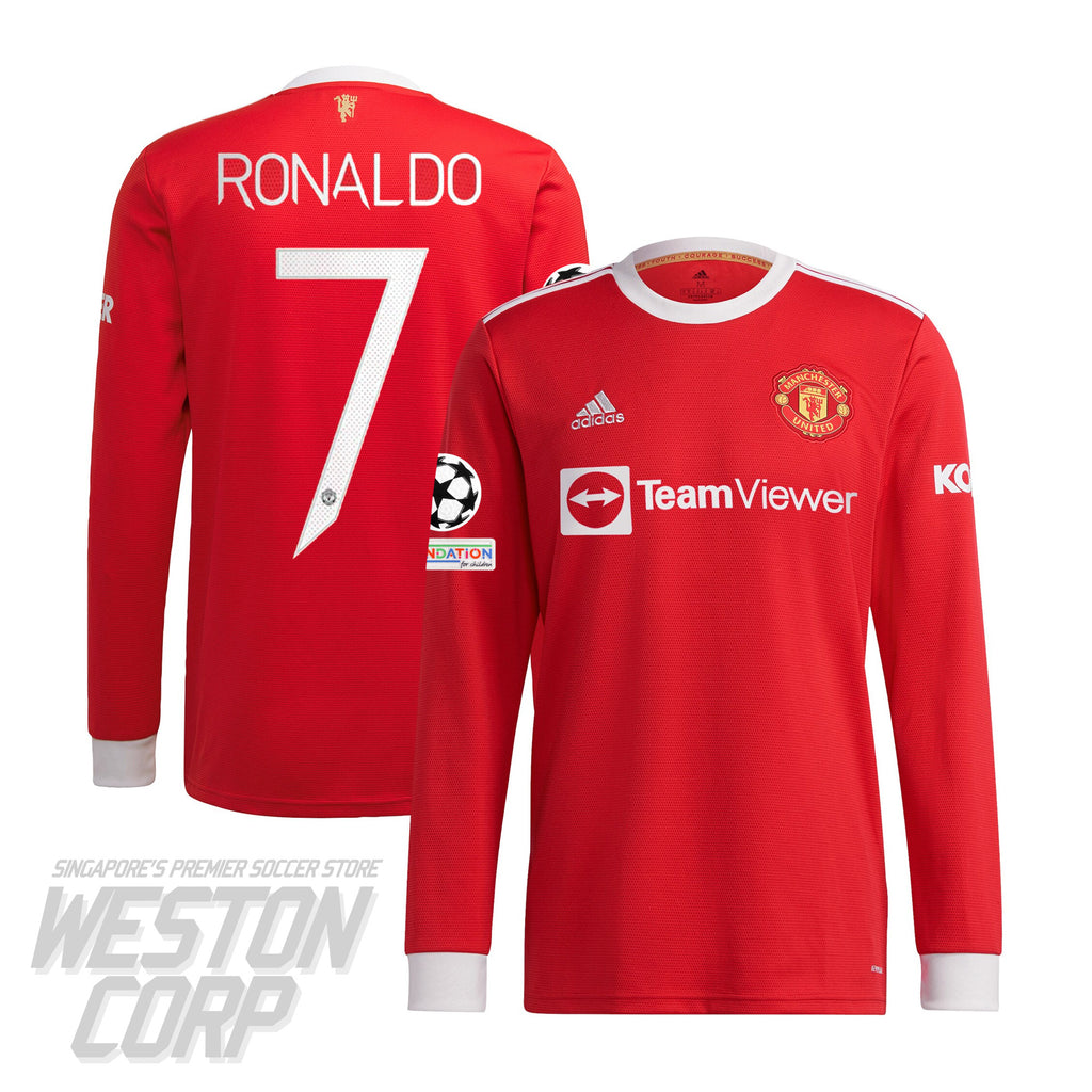 Manchester United Adult 2021-22 LS Home Shirt w/ Ronaldo Nameset and UCL Badges