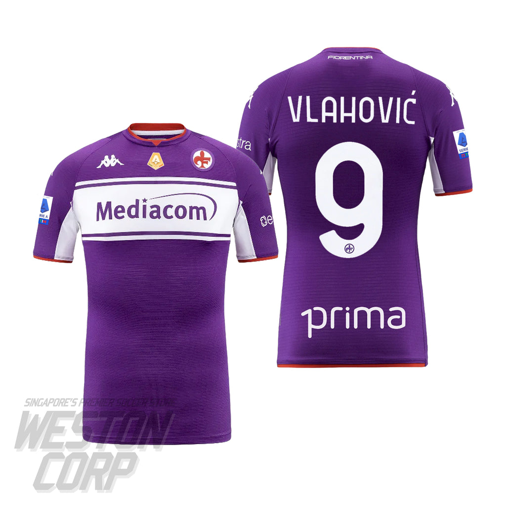 Fiorentina Adult 2021-22 Pro Home Jersey w/ Vlahovic Nameset & Serie A + Italian MVP Badges
