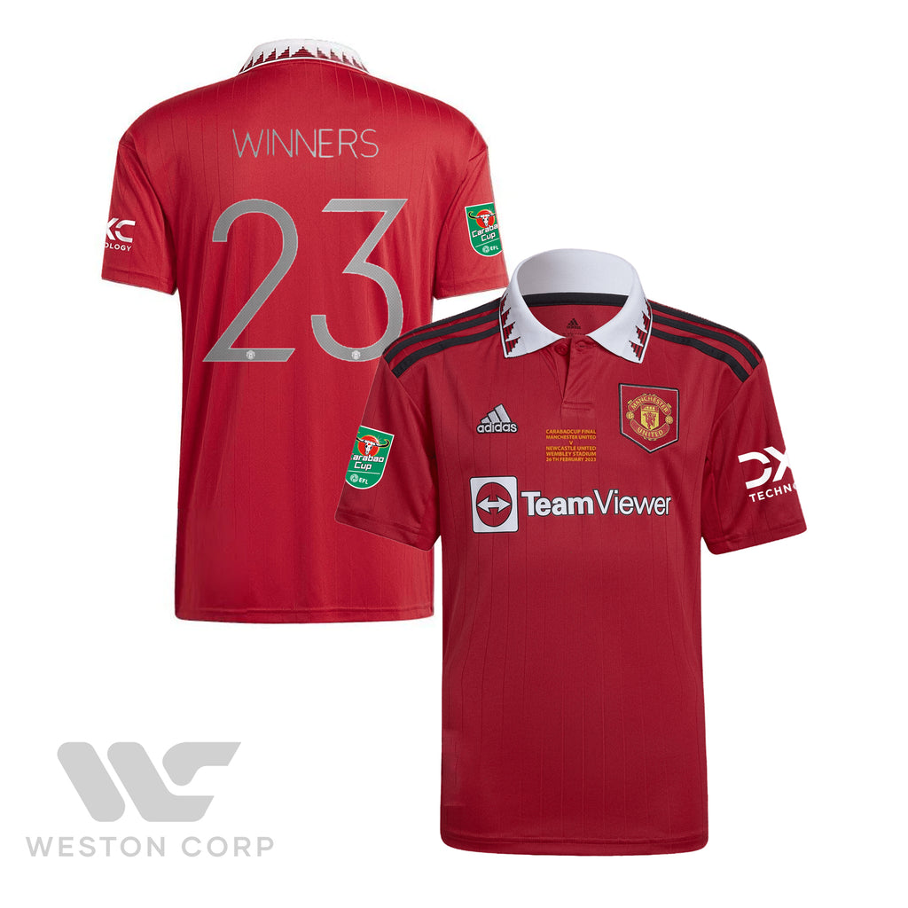 Manchester United Adult 2022-23 Home Jersey w/ Official Printed Carabao Cup MDS + Badge + Winners Printing